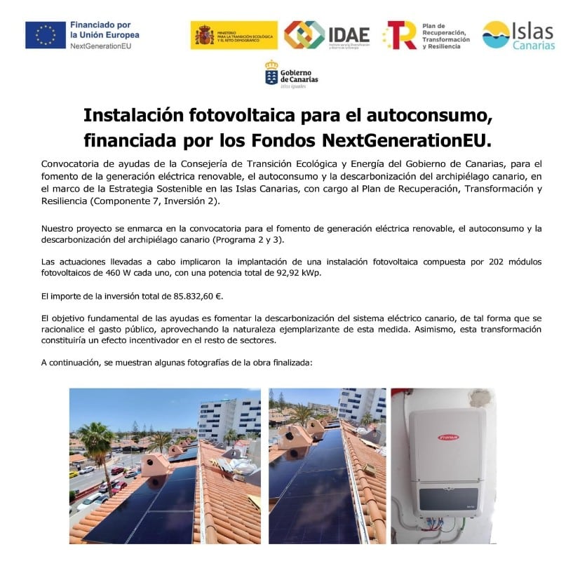 Photovoltaic system for self-consumption, funded by the NextGenerationEU Funds.